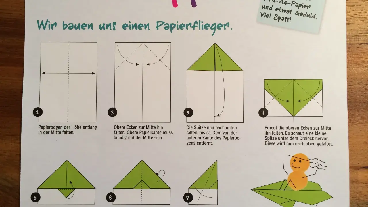 Anleitung zum Papierflieger basteln mit 7 Schritten. Ein kleiner gelber Smiley sitzt auf dem fertigen grünen Papierflieger.