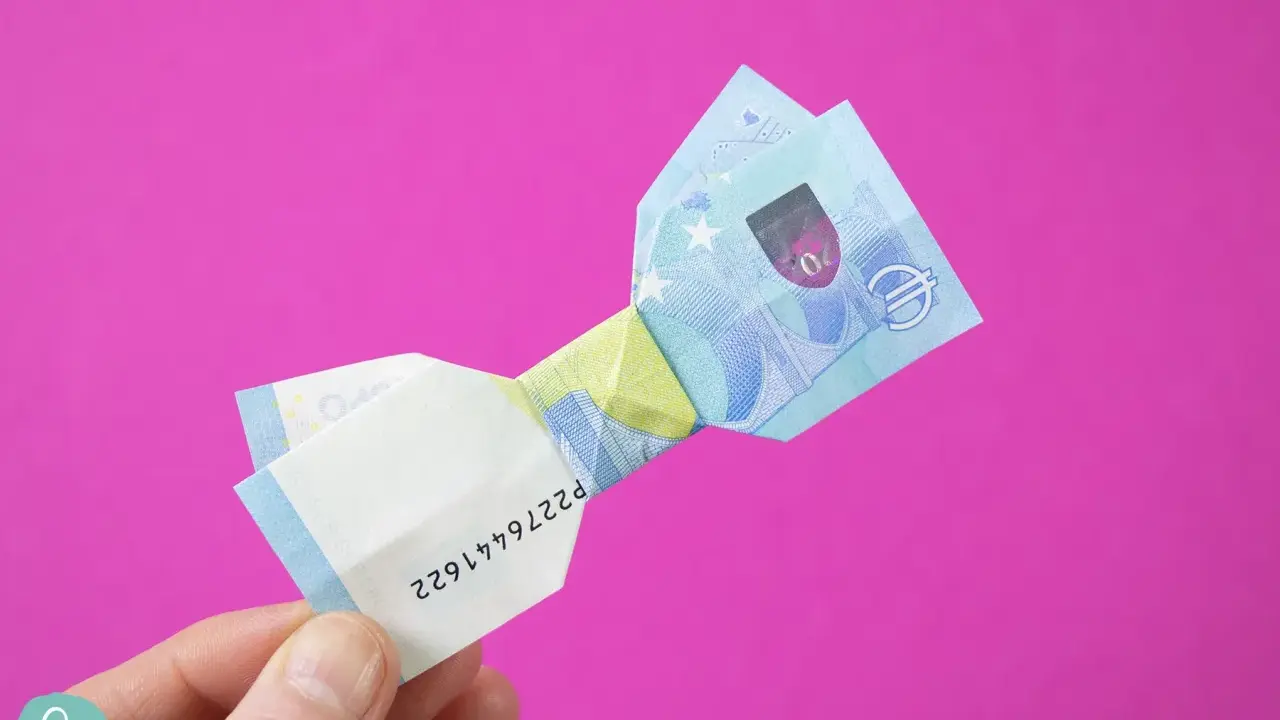 Ein 20-Euro-Schein ist zu einer Schleife gefaltet. Ein Finger hält das gefaltete Geld.