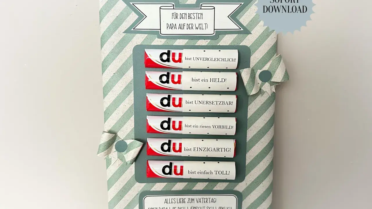 Selbstgemachtes Geschenk zum Vatertag: Kleine Schokoriegel mit lieben Botschaften für den besten Papa. Ein tolles Bastelprojekt!