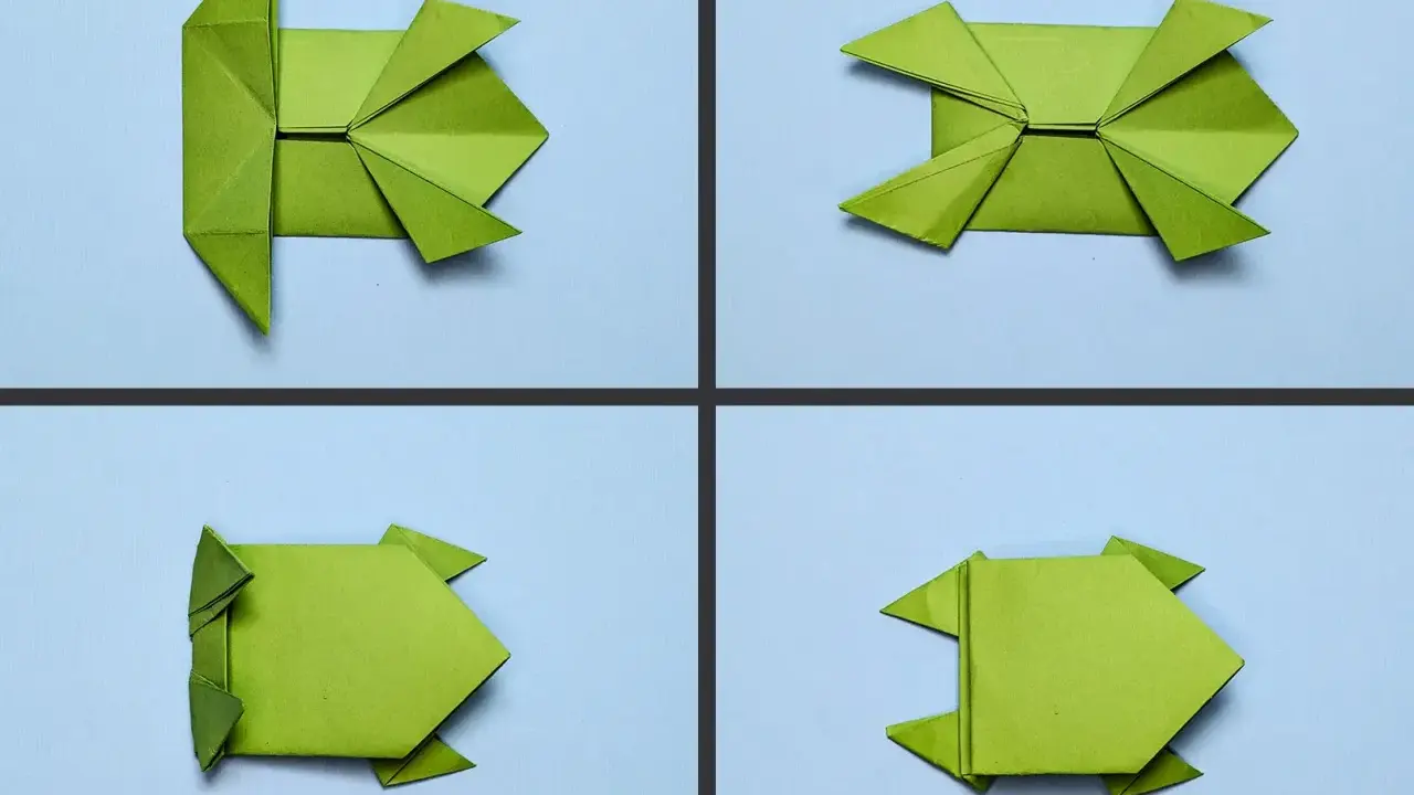 Vier Schritte zum Falten eines Papier-Springfrosches. Ein grünes Origami-Modell nimmt Gestalt an.