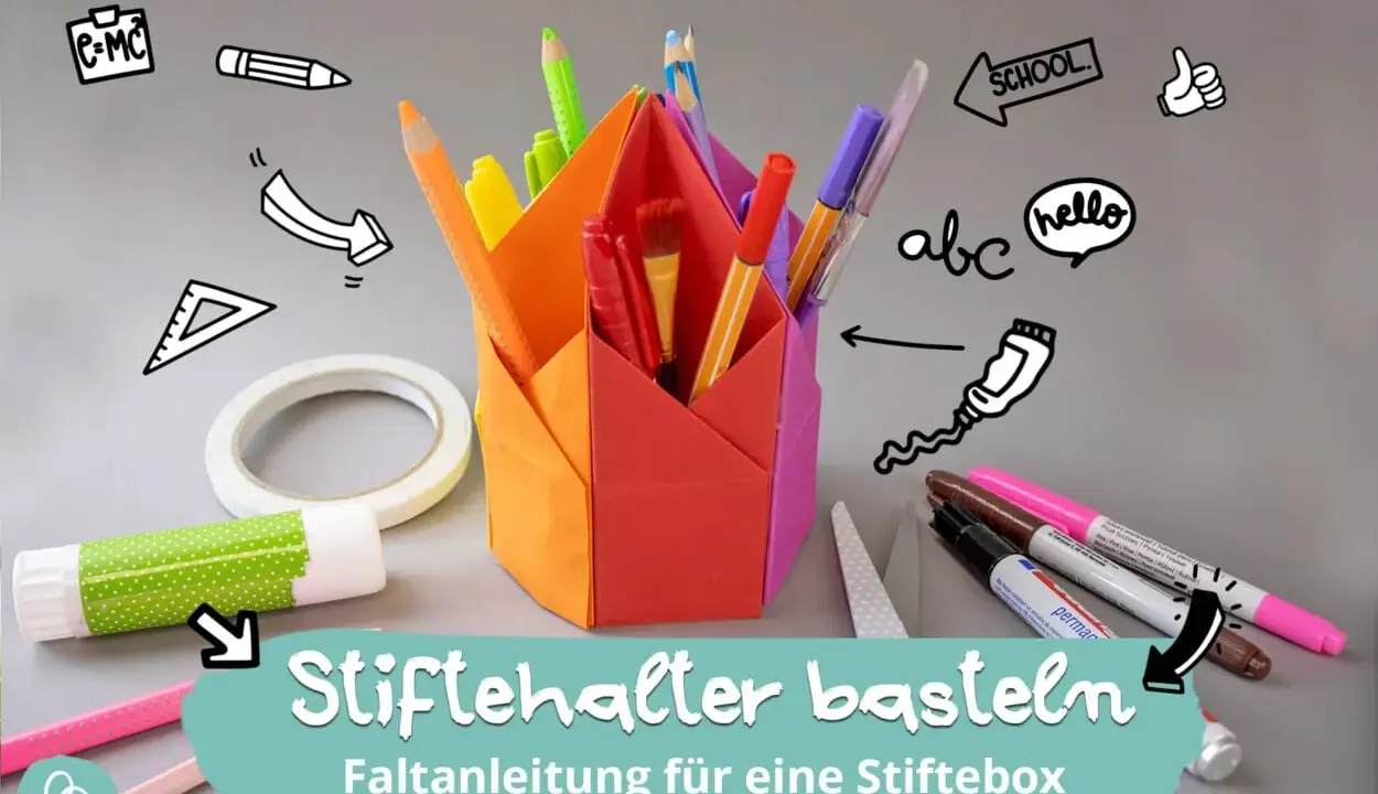 Bunte Papierfächer für Stiftehalter basteln. Mit Klebestift, Schere und vielen Stiften.