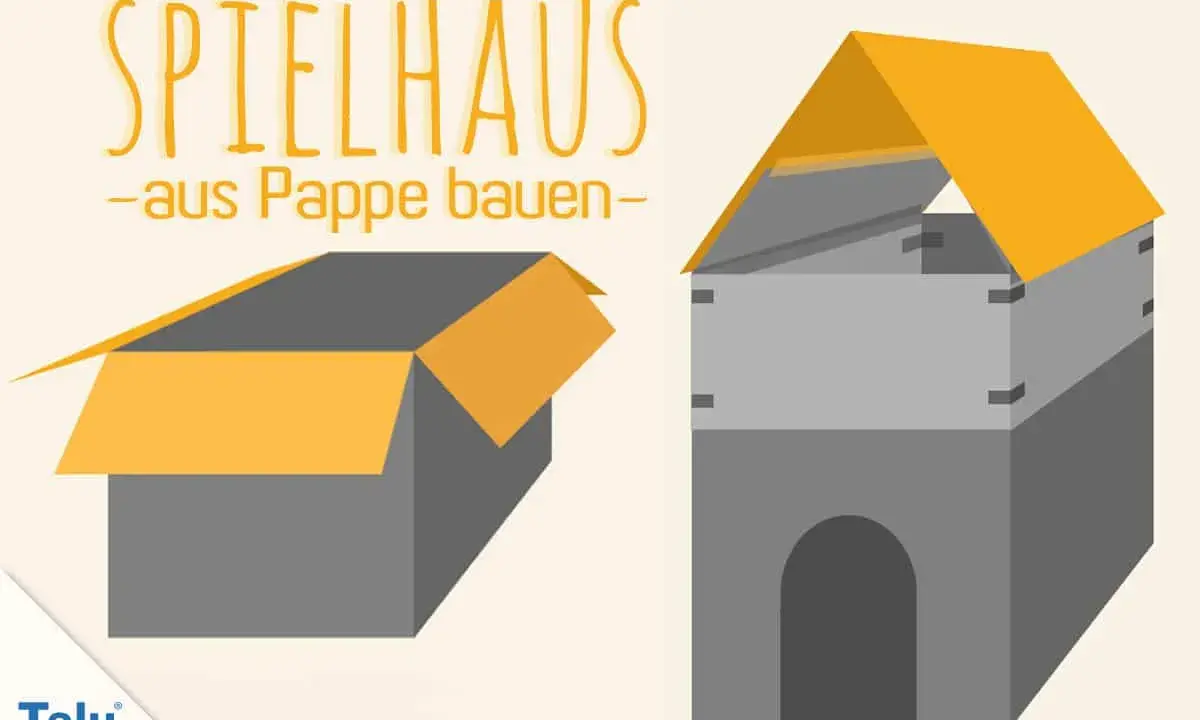 Bastelanleitung: Ein Spielhaus aus Pappe bauen. Vorlage für ein einfaches Papphaus mit offenem Karton und fertigem Spielturm.