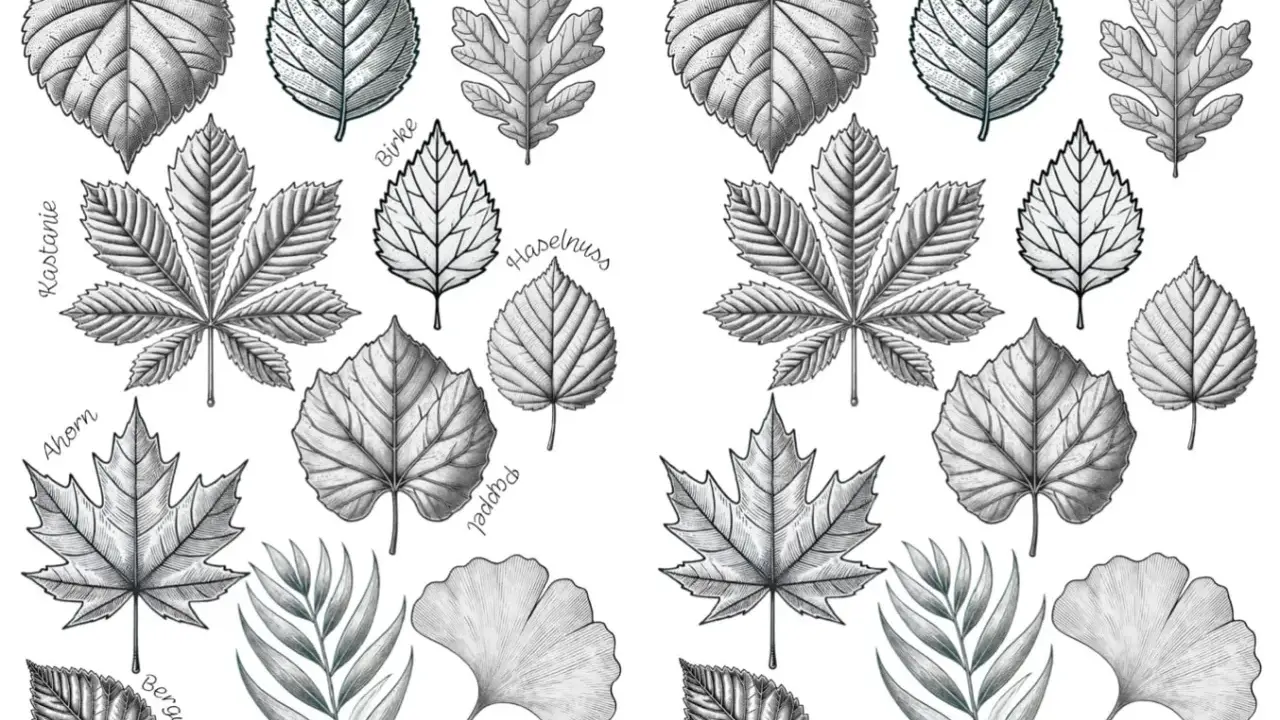 Eine vorlage blatt zum ausdrucken mit verschiedenen Baumblättern wie Linde, Buche, Eiche, Kastanie, Ahorn, Pappel, Ginkgo und mehr.