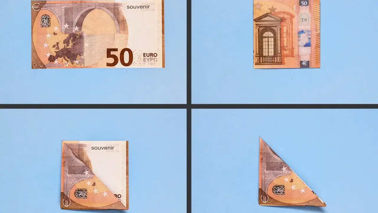 Schritt-für-Schritt-Anleitung, wie man aus 50-Euro-Scheinen eine Origami-Figur faltet.