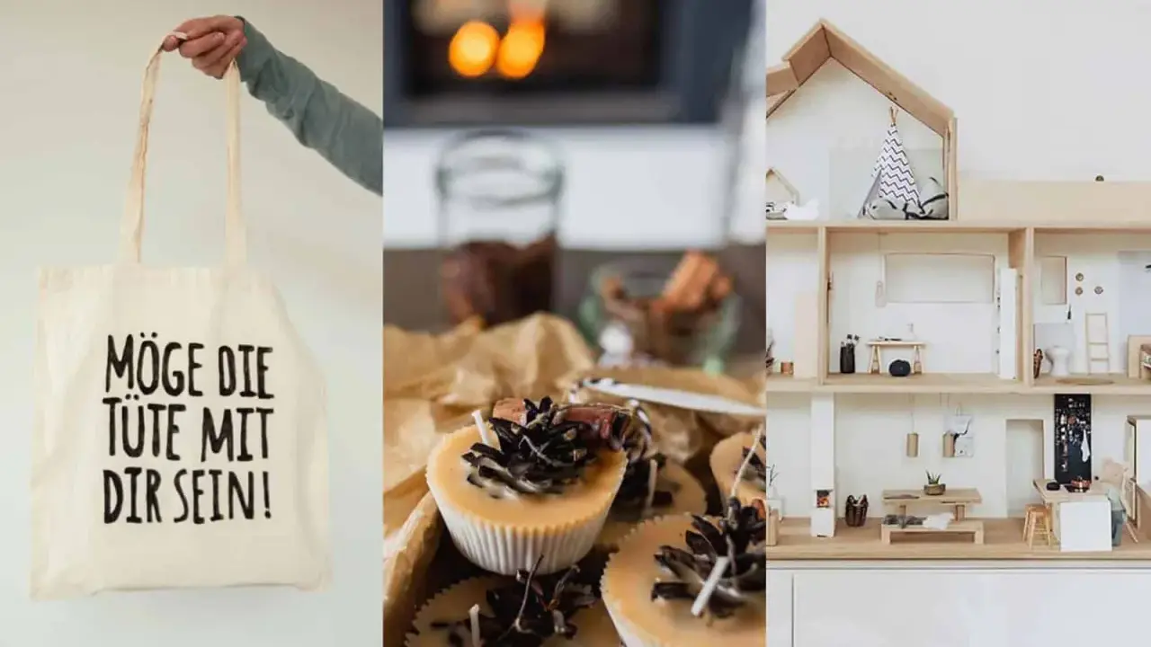 Last-minute Weihnachtsgeschenke selber machen: Stofftasche mit Spruch, duftende Kerzen und ein Puppenhaus.