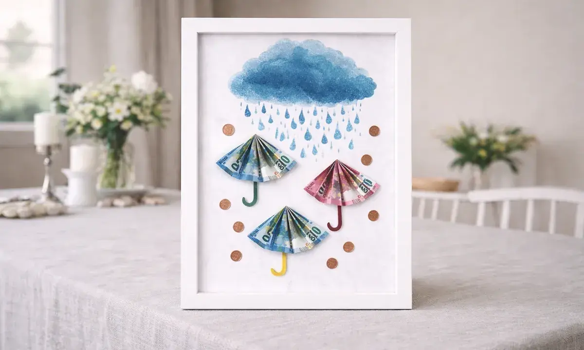 Gerahmte Kunst: Regenschirme aus gefaltetem Geld-Papier, die vor einem blauen Regen-Himmel und Münzen schützen.