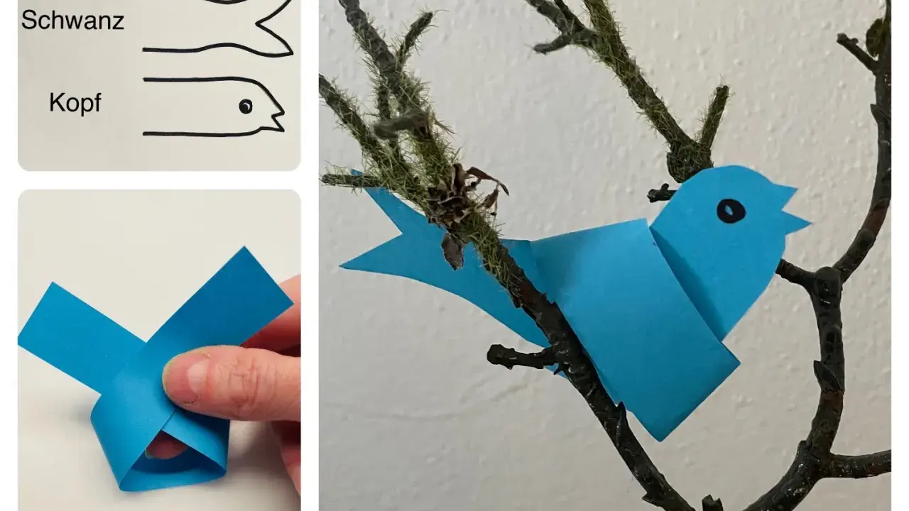 Bastelanleitung für einen einfachen Papier-Vogel im Kindergarten. Ein blauer Papier-Vogel sitzt auf einem Ast.