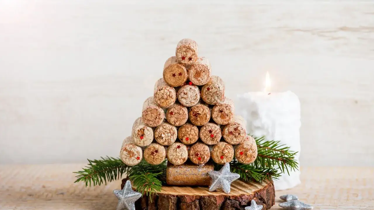 Weihnachtsbaum aus Korken, ein tolles Bastelprojekt für Erwachsene. Mit Tannenzweigen und Sternen dekoriert, neben einer Kerze.