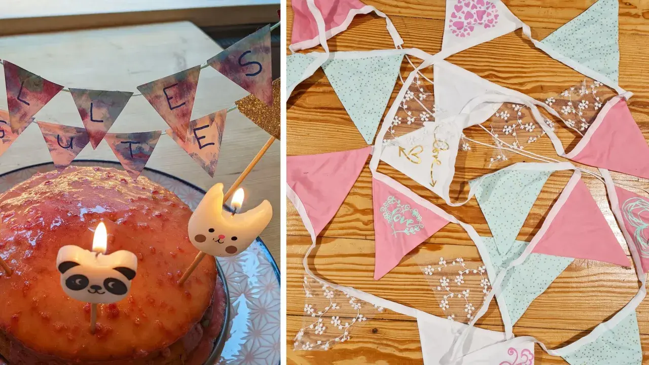 Geburtstagskuchen mit Kerzen und einer selbstgebastelten Papierkette. Daneben liegen weitere bunte Wimpelketten zum Basteln.