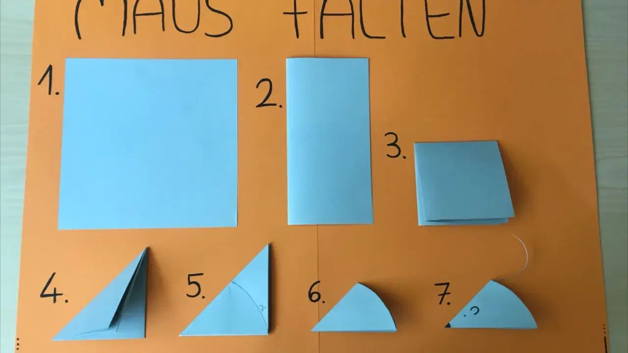 Schritt-für-Schritt-Anleitung, wie man eine Maus falten kann. Einfache Origami-Schritte für Kinder.