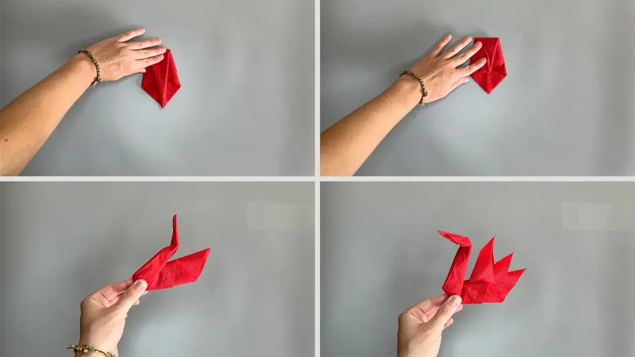 Schritt-für-Schritt-Anleitung: Servietten falten Schwan. Eine Hand formt eine rote Serviette zu einem eleganten Schwan.