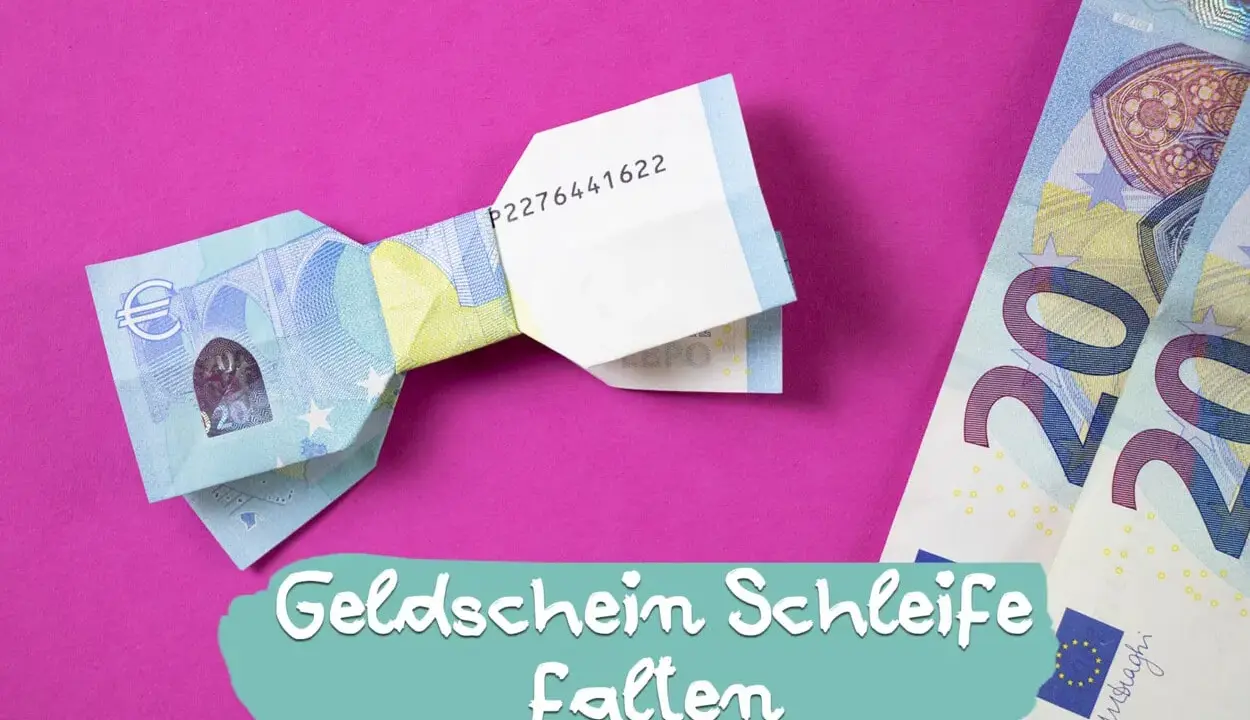Eine Fliege aus Geld falten ist eine kreative Idee für Geschenke. Hier siehst du eine gefaltete Geld-Fliege auf pinkem Hintergrund.