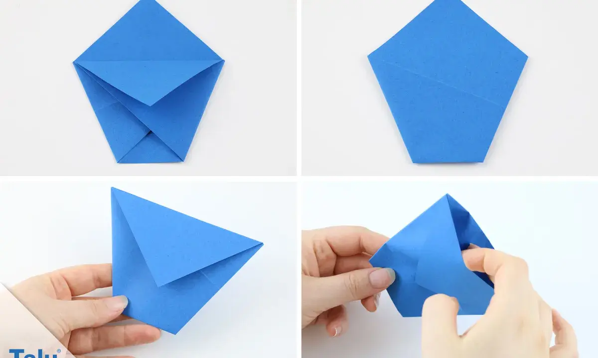 Schritt-für-Schritt-Anleitung: eine blaue Papier-Tasse basteln. Origami-Falttechnik für eine kleine Schale.