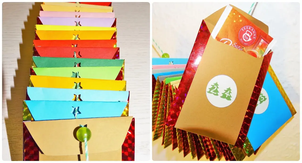 Bunte Umschläge für einen Tee Adventskalender selber machen. Kleine Sterne und Zahlen zieren die Päckchen.