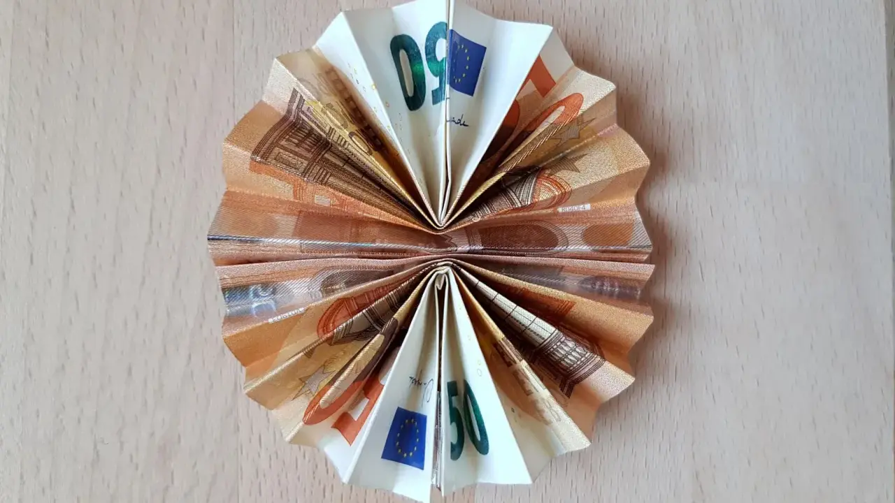 Gefaltetes Geld, wie ein Fächer, mit 50-Euro-Scheinen. Ein schlauer Fuchs spart sein Geld.