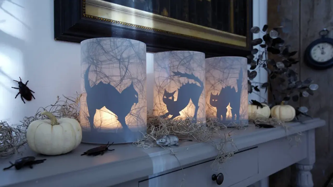 Gruselige Halloween-Windlichter mit Katzen-Silhouetten, Spinnweben und kleinen Kürbissen. Perfekt zum Windlicht Halloween basteln!