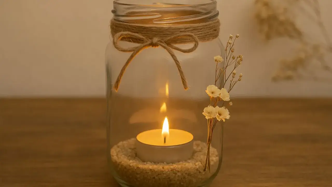 Ein Glas mit Sand, Teelicht und getrockneten Blumen. Mit Juteband und Schleife verziert – so einfach lassen sich schöne Teelichthalter basteln.