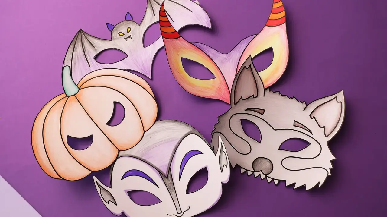 Bunte Halloween-Masken zum Ausdrucken: Fledermaus, Kürbis, Vampir, Wolf und Teufel. Perfekt zum Basteln!