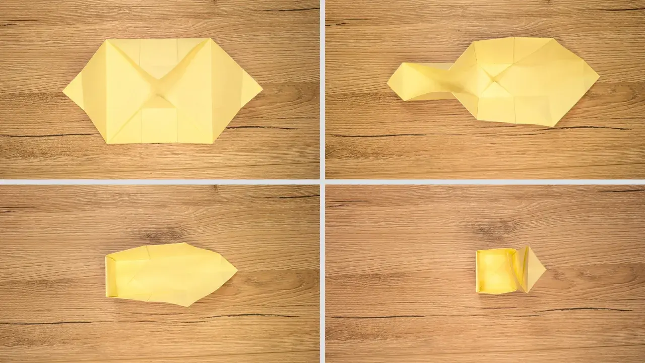 Schritt-für-Schritt-Anleitung für Origami: Ein gelbes Papier wird gefaltet, um eine kleine Schachtel zu formen.