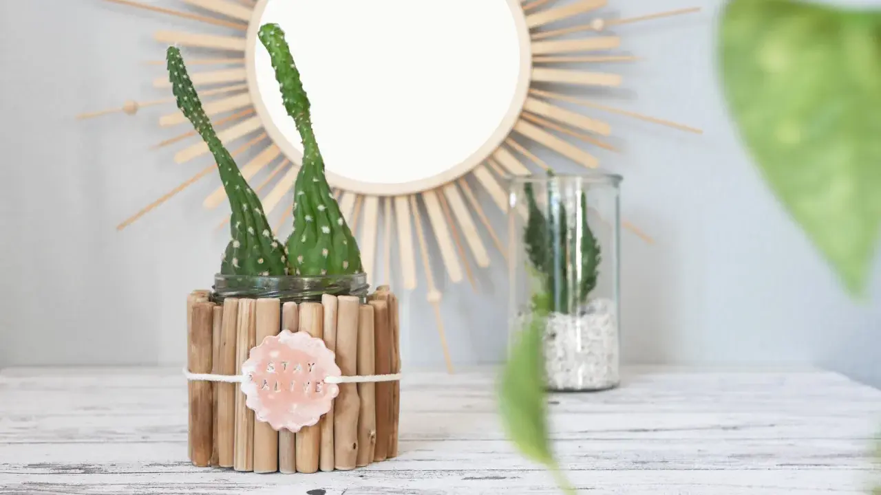 Zwei Kakteen in einem selbstgemachten Blumentopf aus Holzstäbchen. Ein Schild mit "STAY ALIVE" hängt daran.