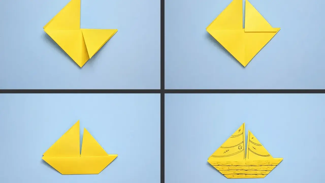 Vier Schritte, um ein gelbes segelboot falten einfach zu basteln. Vom gefalteten Papier zum fertigen Schiffchen.
