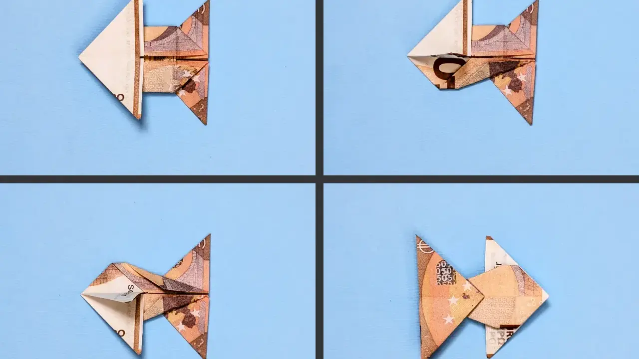 Vier gefaltete Geldscheine, die wie kleine Fische aussehen, schwimmen auf blauem Grund. Ein kreativer **fisch falten geld** Trick.