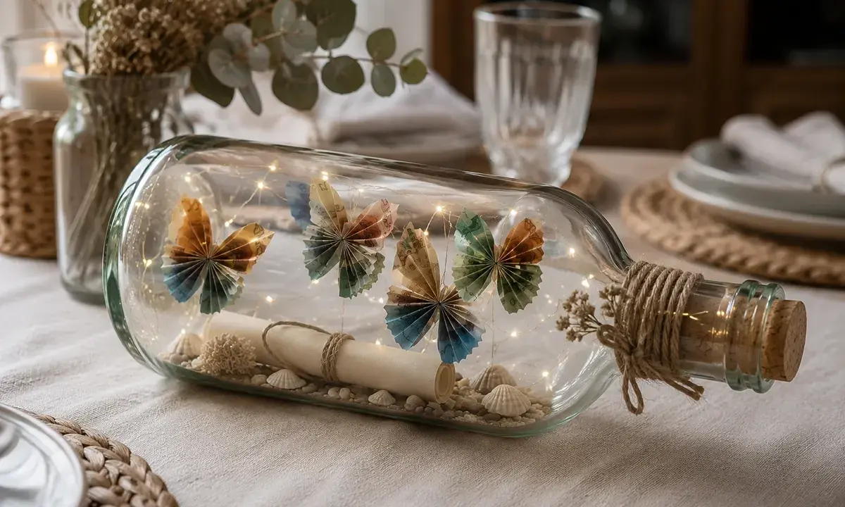 Eine Flaschenpost basteln: Eine Glasflasche gefüllt mit Muscheln, einer Schriftrolle, Lichterkette und gefalteten Schmetterlingen aus Geldscheinen.