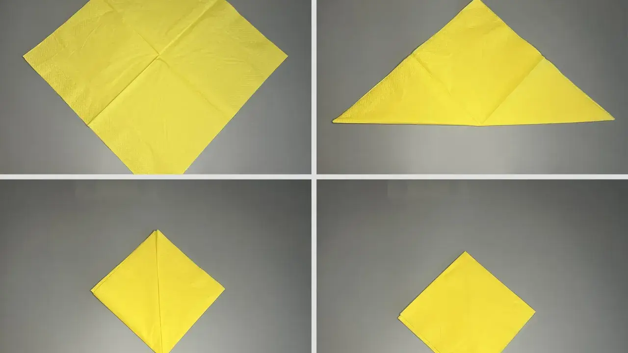 Schritt-für-Schritt-Anleitung zum Servietten falten Lilie. Gelbe Serviette wird zu einer eleganten Form gefaltet.