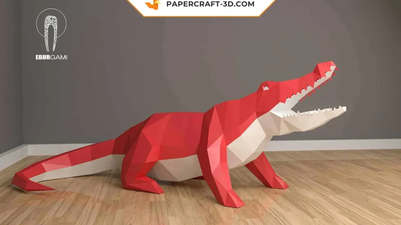 Roter Papier-Krokodil-Bausatz, bereit zum **Schnappi falten**. Ein cooles Deko-Objekt für dein Zuhause.