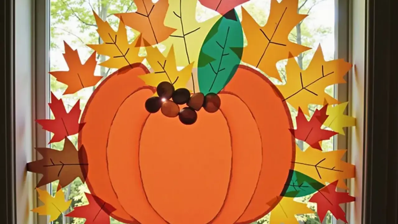 Herbstliche Fensterdeko basteln mit Kindern: Vorlagen für bunte Blätter und einen großen Kürbis schmücken das Fenster.