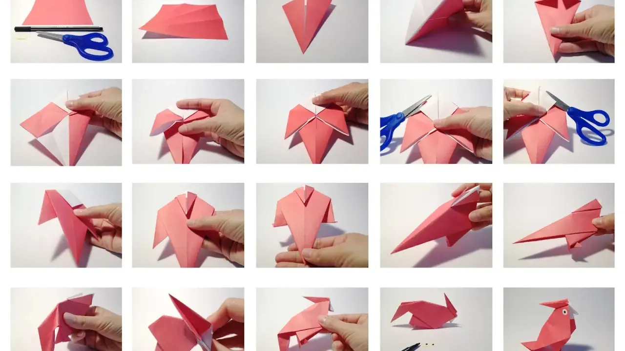 Schritt-für-Schritt-Anleitung zum Falten eines niedlichen Papagei-Origami.