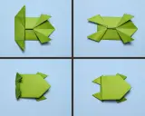 Vier Schritte zum Falten eines Papier-Springfrosches. Ein grünes Origami-Modell nimmt Gestalt an.