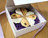 Ein Geschenk: Geld falten blatt in Form eines Kleeblatts, liebevoll in einer weißen Schachtel mit lila Füllung und Band arrangiert.