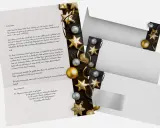 Weihnachtliches Briefpapier zum Ausdrucken kostenlos: goldene Sterne und Bänder auf schwarzem Grund, daneben ein Brief.
