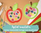 Bunte Papierstücke füllen die Fenster von zwei Apfel-Bastelvorlagen. Schere, Klebestift und Buntstift liegen bereit.