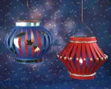 Zwei selbstgebastelte Lampions, die zum Lampion falten einladen. Einer mit Mond und Sternen, der andere mit funkelnden Steinchen.