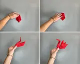 Schritt-für-Schritt-Anleitung: Servietten falten Schwan. Eine Hand formt eine rote Serviette zu einem eleganten Schwan.