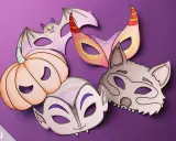 Bunte Halloween-Masken zum Ausdrucken: Fledermaus, Kürbis, Vampir, Wolf und Teufel. Perfekt zum Basteln!