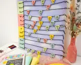 Geburtstagskalender basteln: Bunte Wimpel mit Namen und Geburtstagen hängen an Schnüren, die nach Monaten geordnet sind.