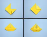 Vier Schritte, um ein gelbes segelboot falten einfach zu basteln. Vom gefalteten Papier zum fertigen Schiffchen.
