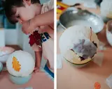 Kind bastelt eine Laterne: Luftballon, Kleister und Herbstblätter werden zu einem Kunstwerk.