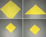 Schritt-für-Schritt-Anleitung zum Servietten falten Lilie. Gelbe Serviette wird zu einer eleganten Form gefaltet.