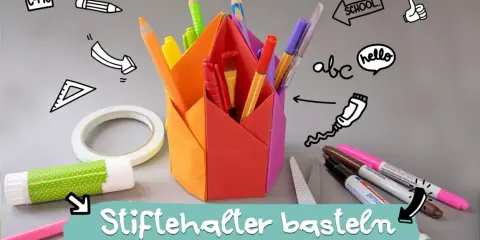 Bunte Papierfächer für Stiftehalter basteln. Mit Klebestift, Schere und vielen Stiften.