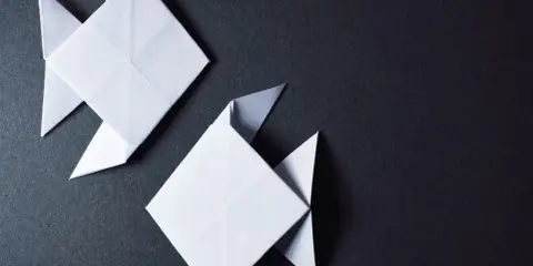 Zwei weiße Origami-Fische, kunstvoll gefaltet, schwimmen auf dunklem Grund.