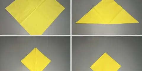 Schritt-für-Schritt-Anleitung zum Servietten falten Lilie. Gelbe Serviette wird zu einer eleganten Form gefaltet.