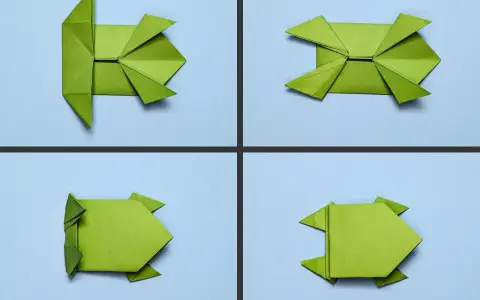 Vier Schritte zum Falten eines Papier-Springfrosches. Ein grünes Origami-Modell nimmt Gestalt an.