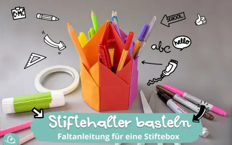 Bunte Papierfächer für Stiftehalter basteln. Mit Klebestift, Schere und vielen Stiften.