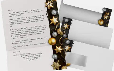 Weihnachtliches Briefpapier zum Ausdrucken kostenlos: goldene Sterne und Bänder auf schwarzem Grund, daneben ein Brief.