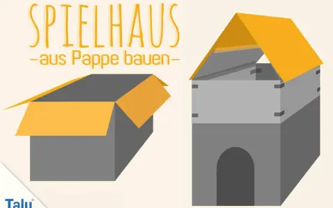 Bastelanleitung: Ein Spielhaus aus Pappe bauen. Vorlage für ein einfaches Papphaus mit offenem Karton und fertigem Spielturm.