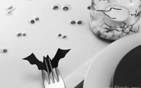 Last-minute Halloween Deko: Fledermaus auf Gabel, überall gruselige Augen und ein Spinnenglas. Perfekt für eine schnelle Gruselparty!